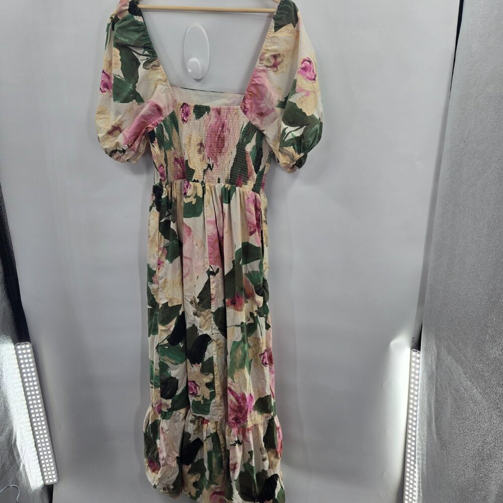 Express Cream Floral Watercolor Off Shoulder Puff Sleeve Maxi Dress Size Medium - Picture 3 of 16